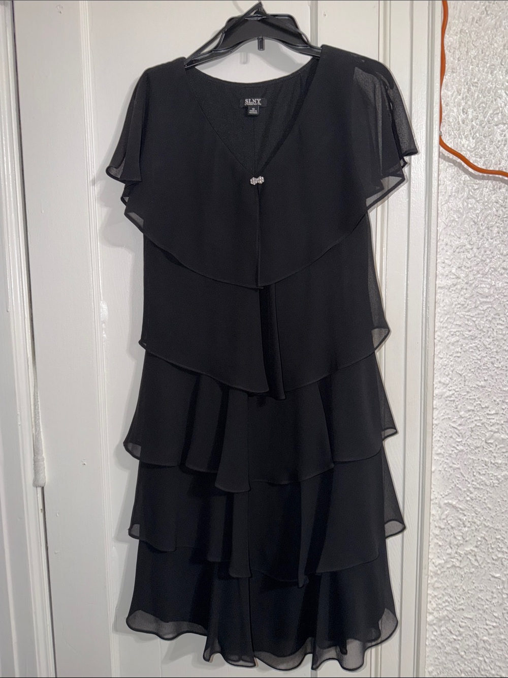 SLNY Black Layered Chiffon Midi Dress with Decorative Clasp